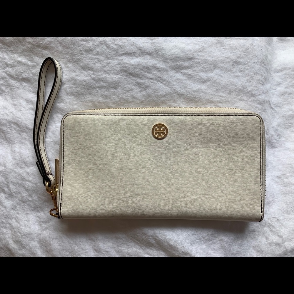 Tory Burch Cream Wristlet Wallet with Gold Logo